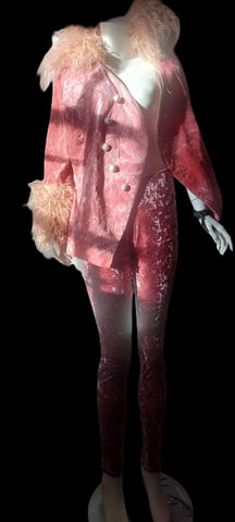 " sugar baby" pink velvet blazer with ivory & fur.