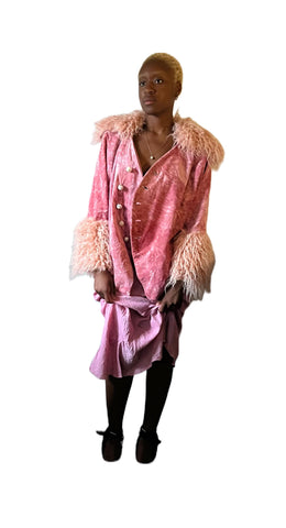 " sugar baby" pink velvet blazer with ivory & fur.