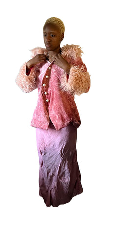 " sugar baby" pink velvet blazer with ivory & fur.