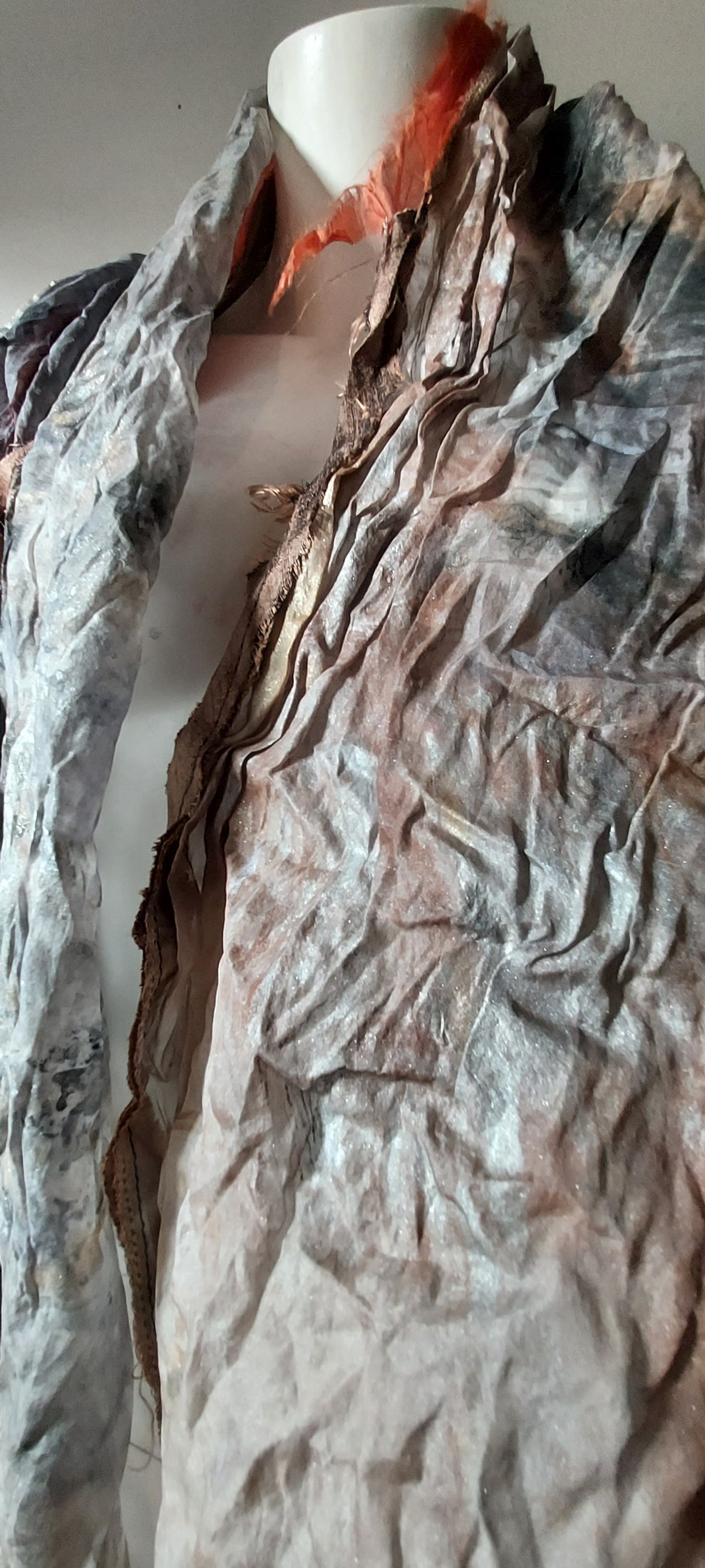 St germain"  abstract silver, copper, grey x large artwear silk scarf. One of a kind